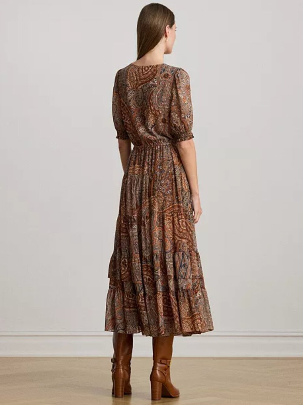 NWT Lauren Ralph Lauren Brown Paisley Belted Midi Dress Sz 6 Puff Sleeve Tiered - Picture 2 of 5
